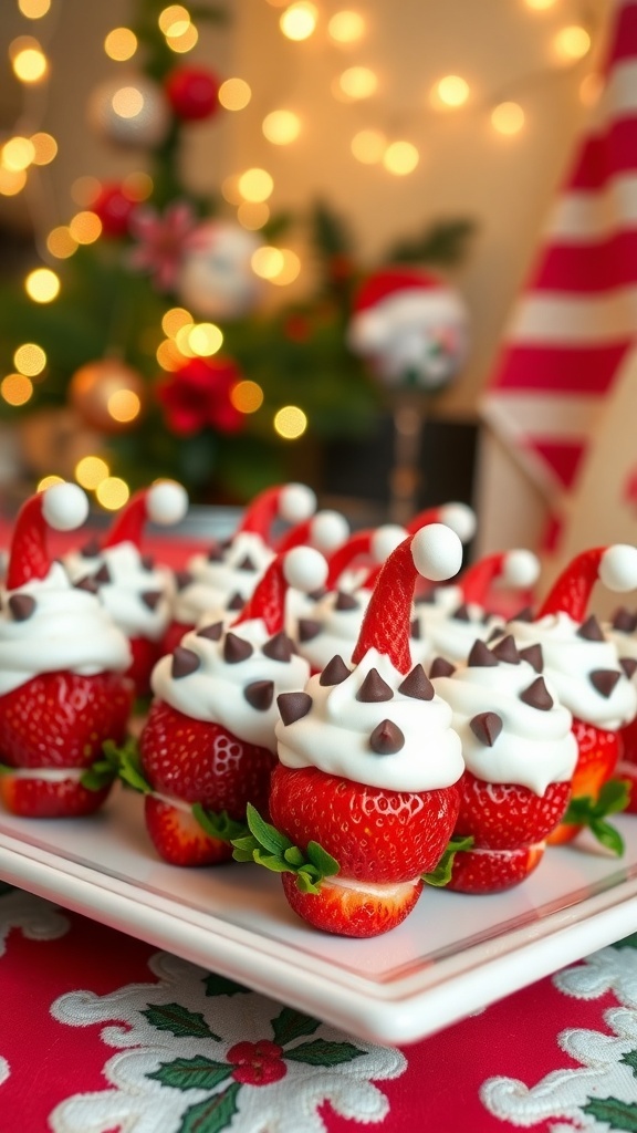 A platter of Strawberry Santa Hats with strawberries, whipped cream, and chocolate chips on a holiday table.